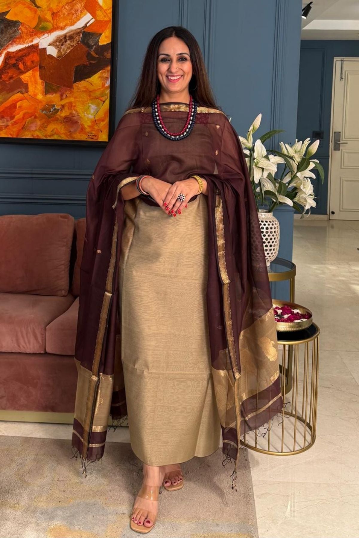 Maheshwari handloom silk by cotton kurta dupatta set